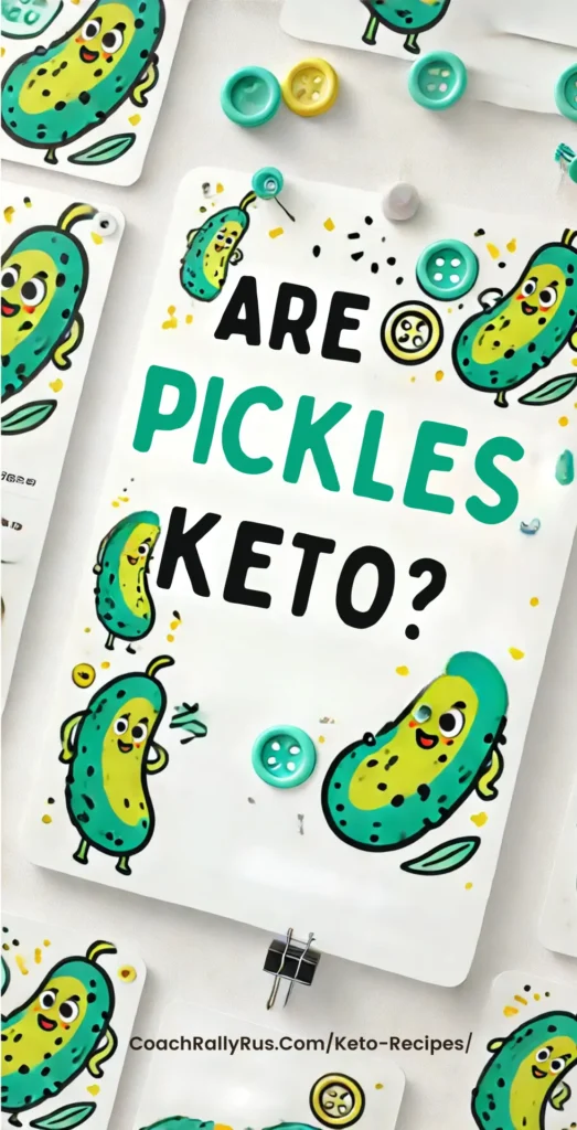 Pinterest-optimized vertical image with the bold text 'Are Pickles Keto?' in vibrant teal and white, surrounded by fun cartoon dill pickle characters with quirky expressions. The background is clean with subtle green and yellow accents for a fresh and engaging design.