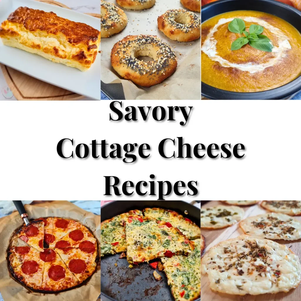 A collage of savory cottage cheese recipes, including keto-friendly bagels, pizza, frittata, and creamy soup, displayed in an inviting layout.