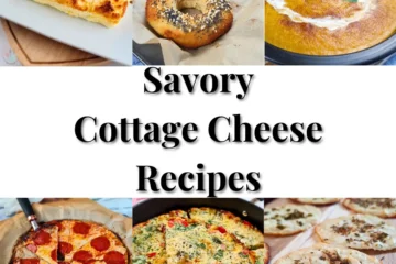 A collage of savory cottage cheese recipes, including keto-friendly bagels, pizza, frittata, and creamy soup, displayed in an inviting layout.