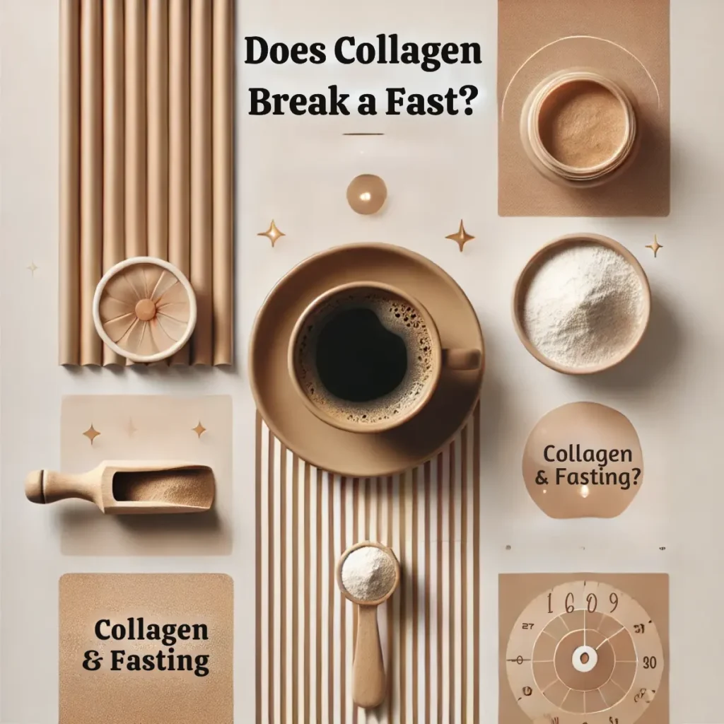 Minimalist thumbnail with a cup of black coffee, collagen powder, and text 'Collagen & Fasting' in bold at the bottom.