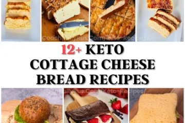 Collage of different keto cottage cheese bread recipes including loaves, flatbreads, rolls, and dessert bread, arranged on boards and plates. Bold text in the center reads '12+ Keto Cottage Cheese Bread Recipes.' Bread is golden brown, fluffy, and keto-friendly, highlighting low-carb, high-protein options for various meals and snacks.
