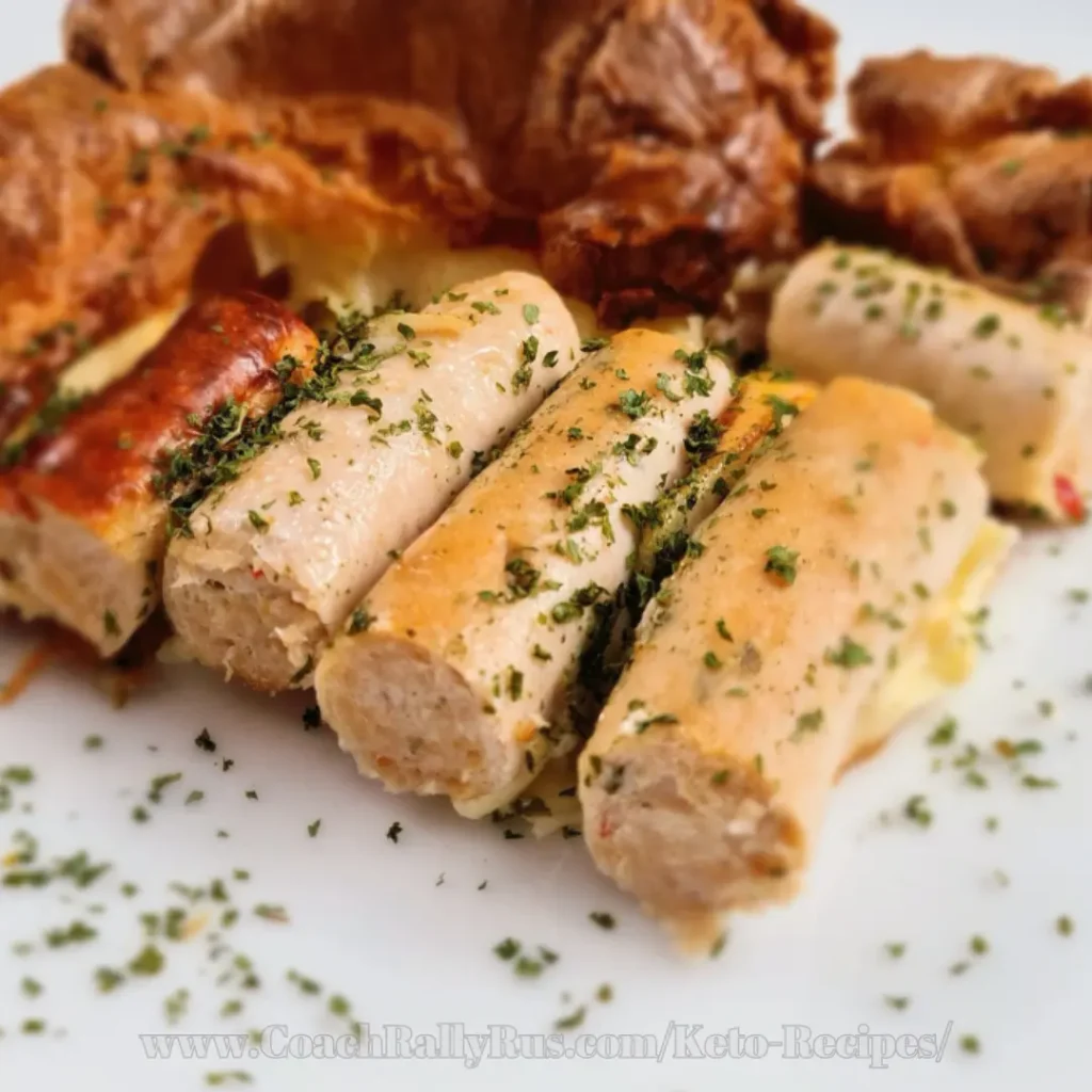 Sliced sausages from keto toad in the hole served on a white plate, garnished with parsley flakes.