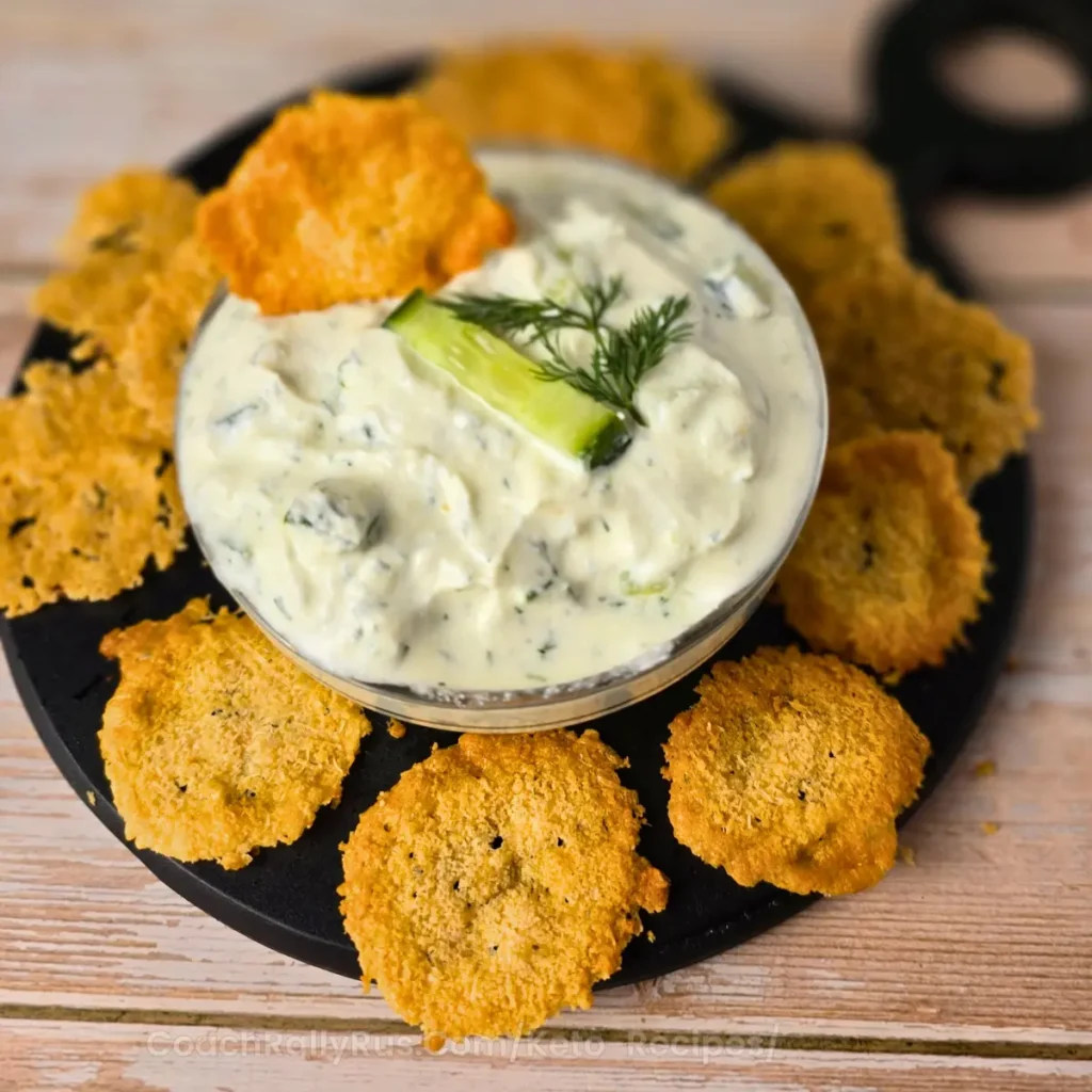 Crunchy baked parmesan chips next to a bowl of keto cucumber cottage cheese dip.