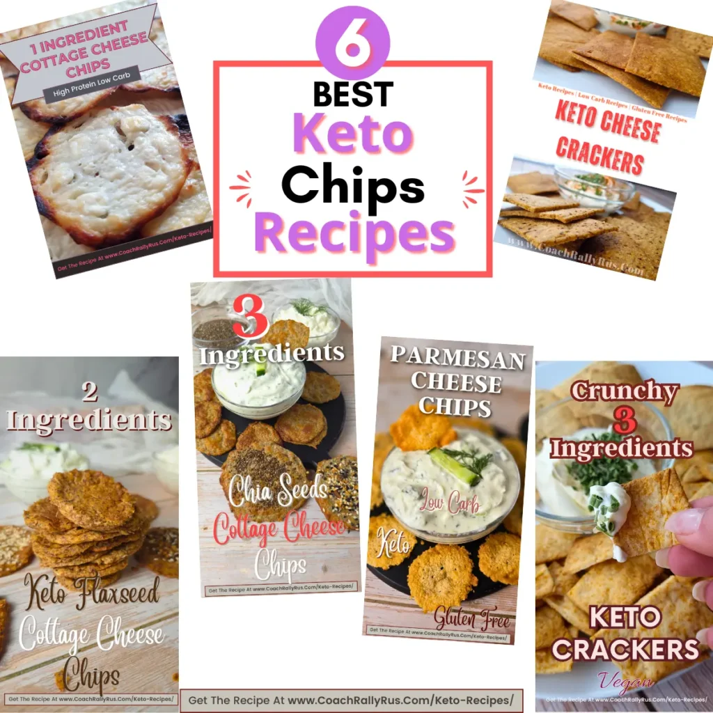 6 best keto chips recipes featuring crispy, low-carb snacks made with cottage cheese, almond flour, chia seeds, and parmesan cheese.