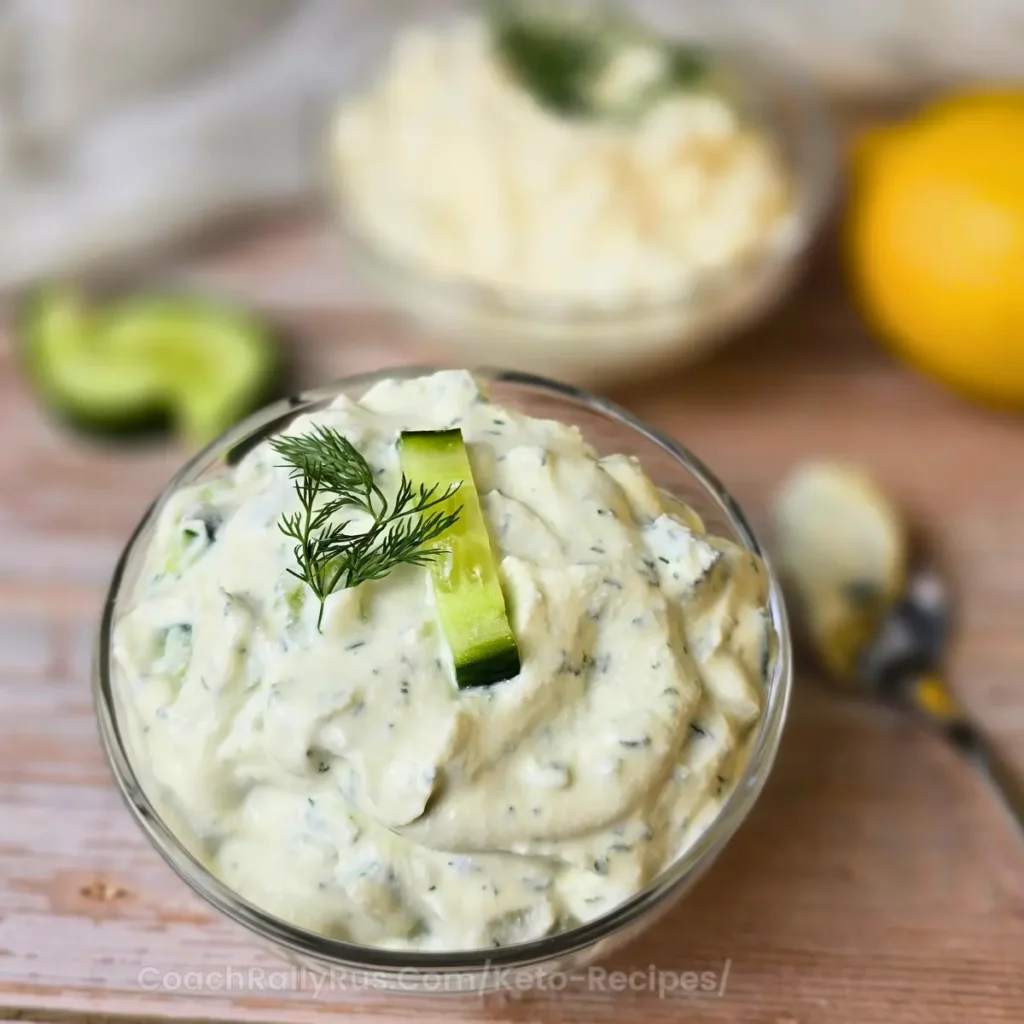 A creamy bowl of dill cucumber cottage cheese dip, garnished with fresh dill and cucumber, set on a rustic wooden surface with a spoon and lemon in the background.