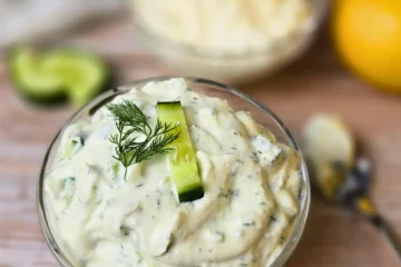 A creamy bowl of dill cucumber cottage cheese dip, garnished with fresh dill and cucumber, set on a rustic wooden surface with a spoon and lemon in the background.