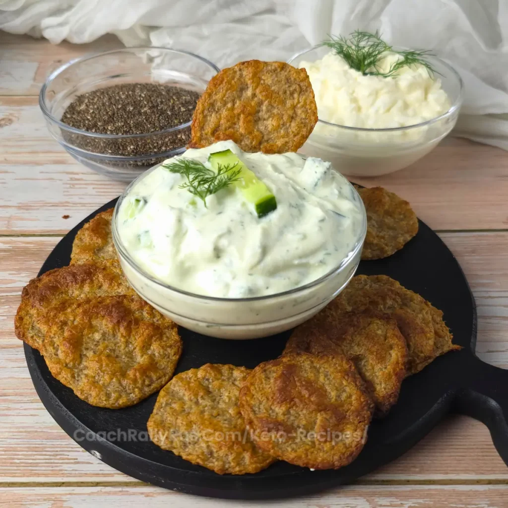 Keto Chia Seeds Cottage Cheese Chips on a black serving board with a bowl of cottage cheese dip and chia seeds.