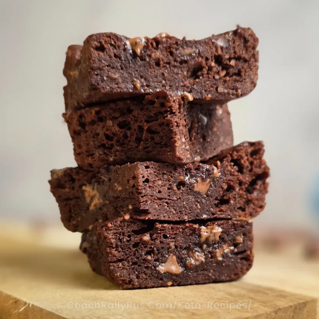 A stack of keto cottage cheese brownies showing a gooey texture.