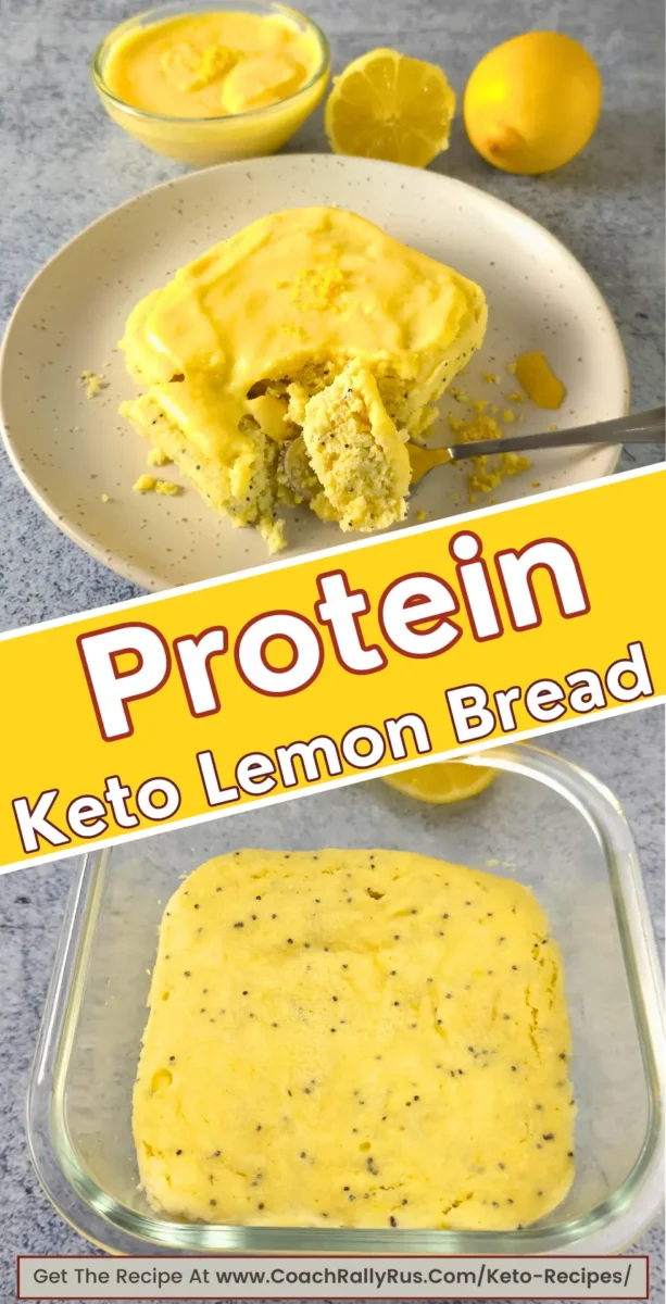 Keto lemon bread with hand holding spoon and fresh lemons