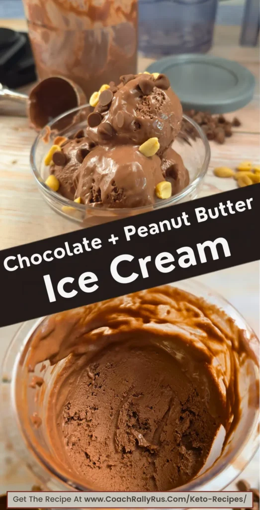Chocolate peanut butter keto ice cream in a bowl with creamy texture and peanuts