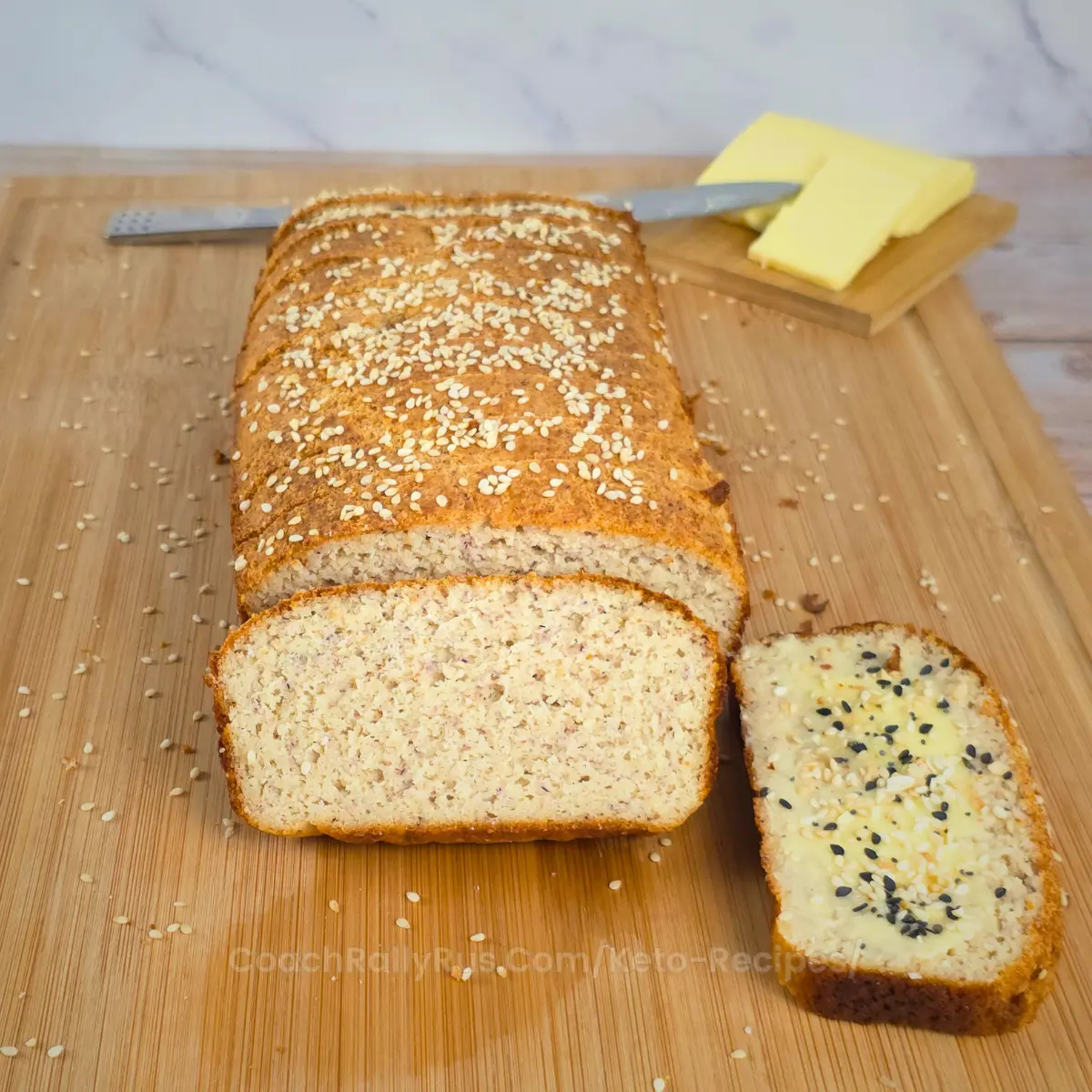 sliced egg-free keto cottage cheese bread with melted butter