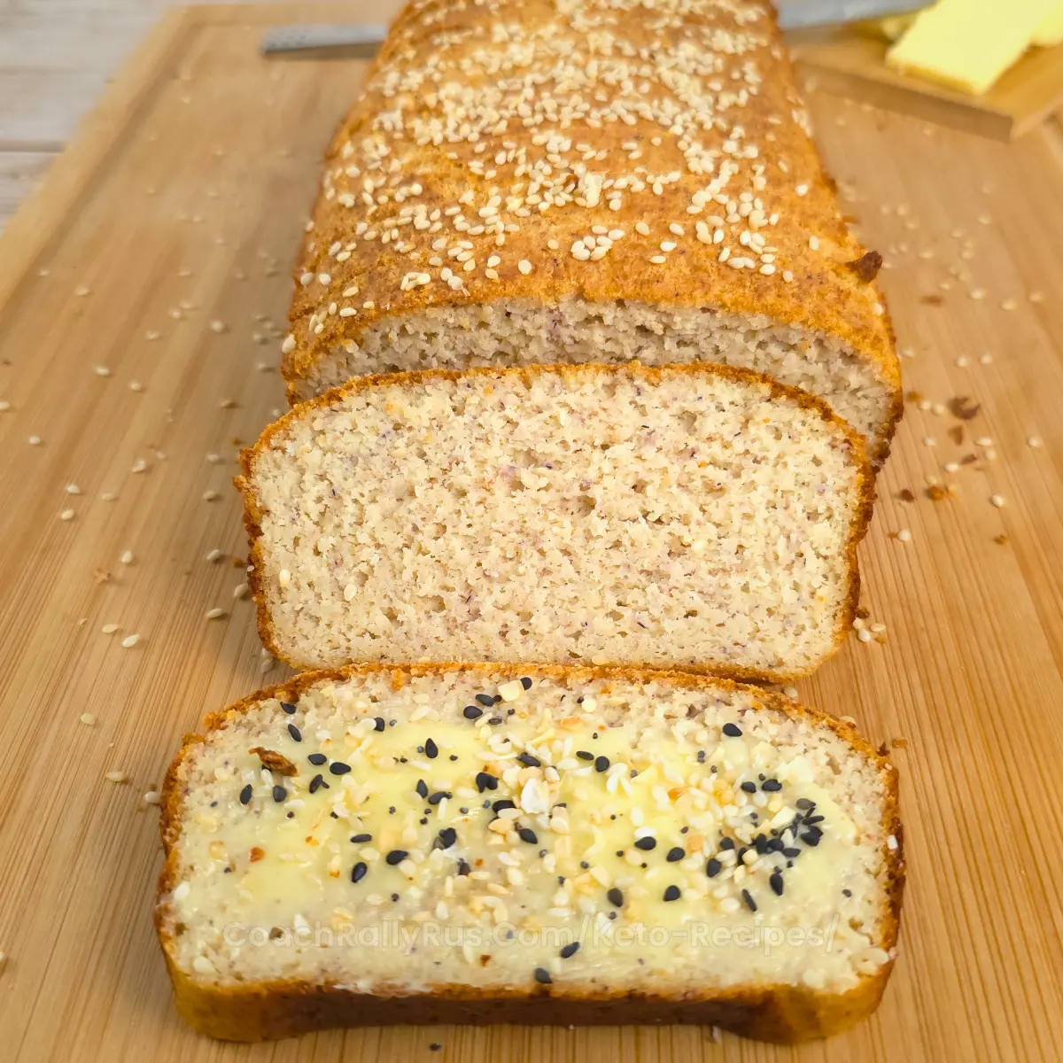 sliced high-protein keto bread on cutting board
