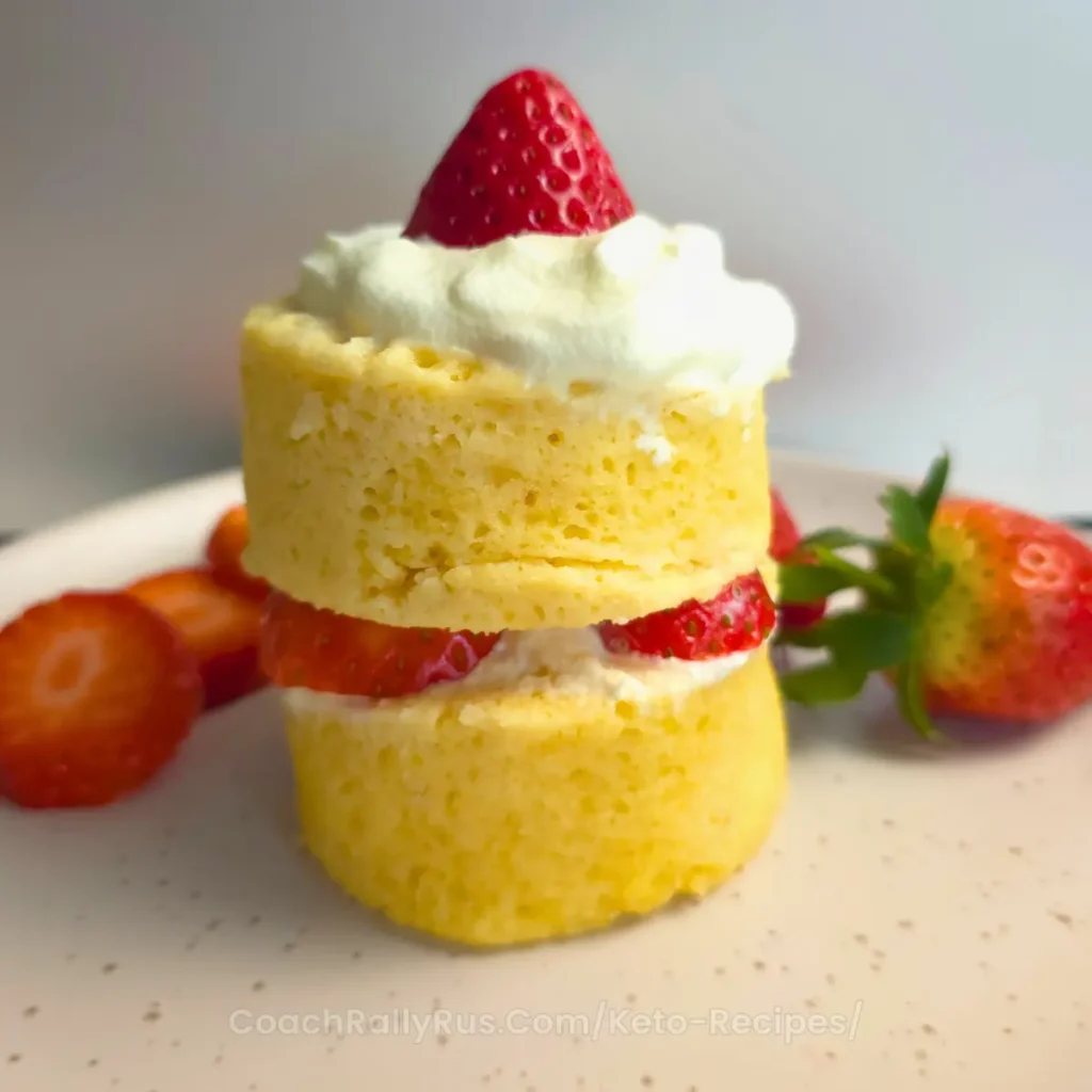 sugar free strawberry shortcake mug cake with whipped topping