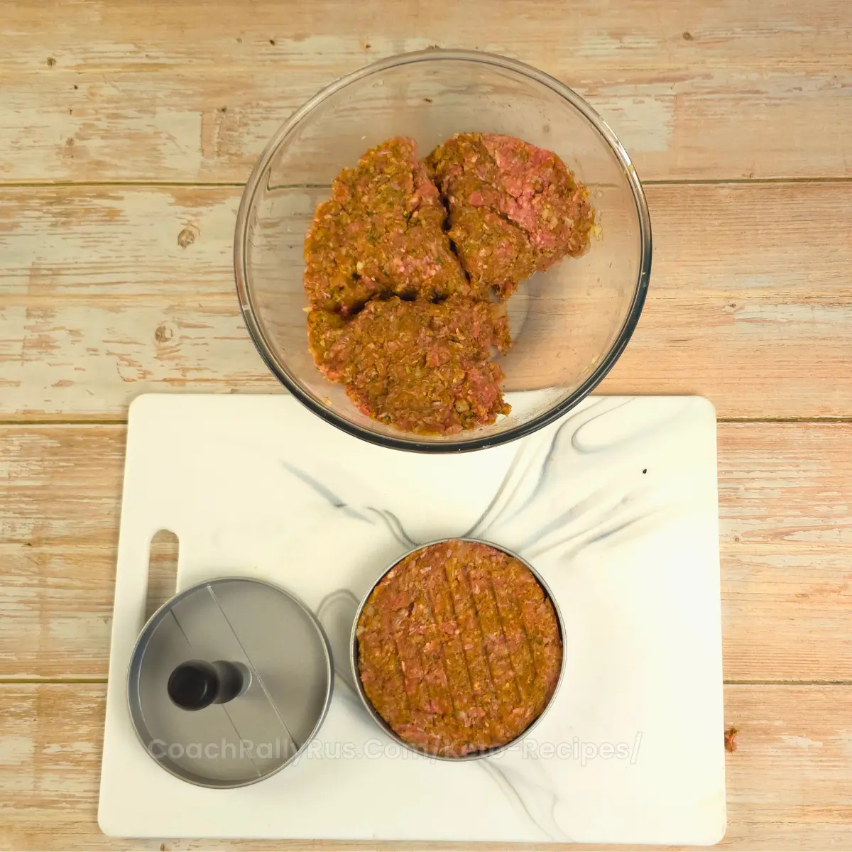 Forming keto Mediterranean burger patties with burger press