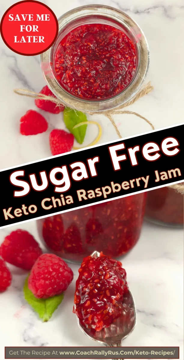 Raspberry chia seed jam with spoon and whole raspberries