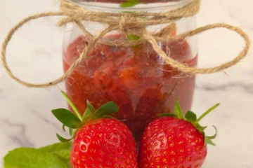 Glass jar filled with keto strawberry chia seed jam and fresh strawberries in front