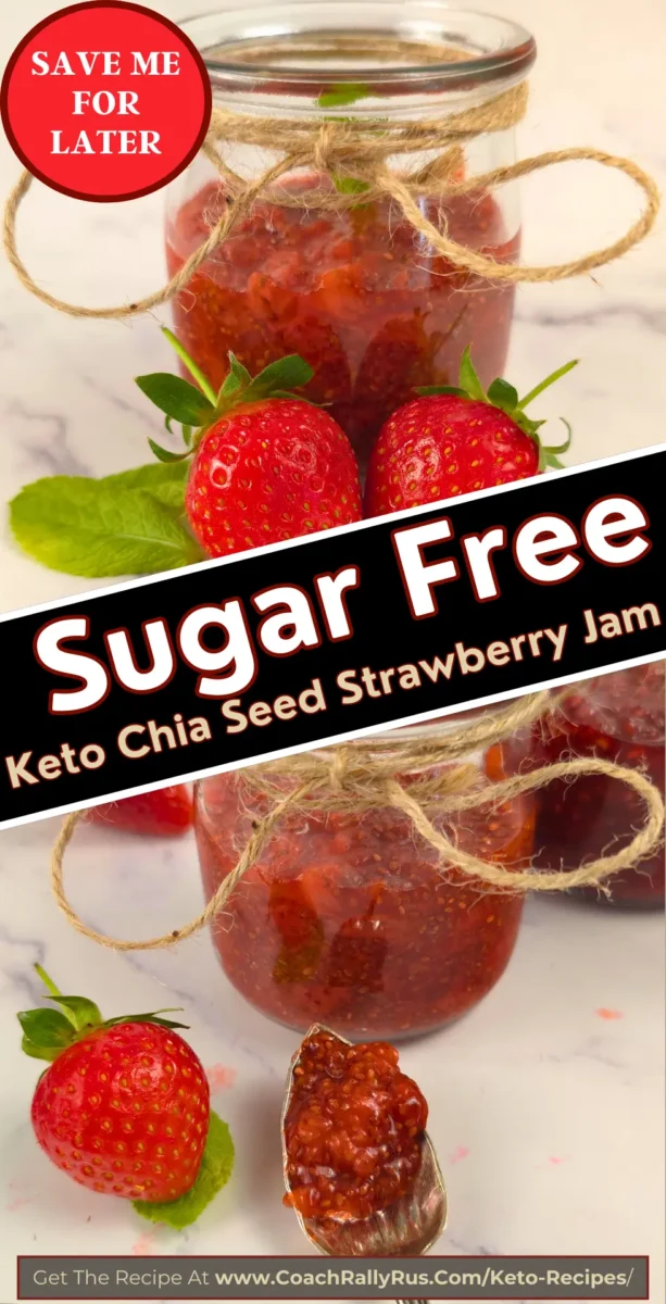 Sugar-free keto strawberry chia jam in a glass jar with bold label