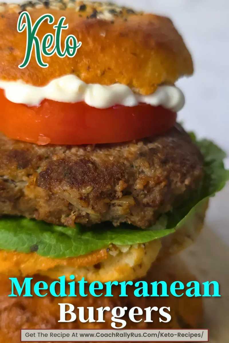 Keto Mediterranean burger stacked with lettuce, tomato, and mayo