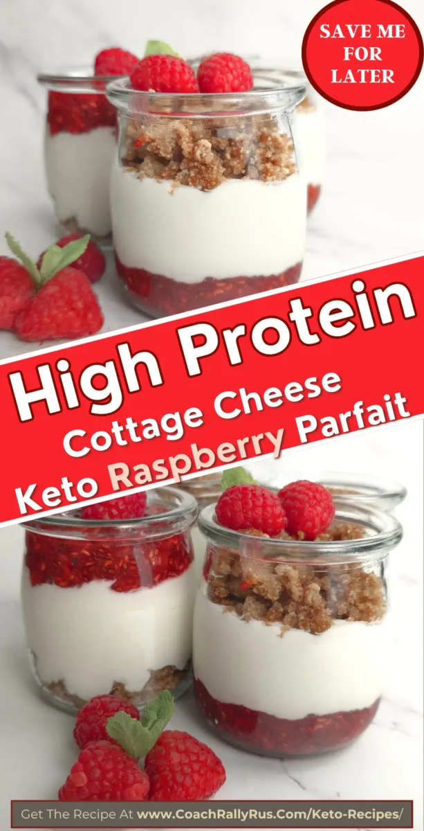 Cottage cheese parfait with raspberry chia jam and almond crumble