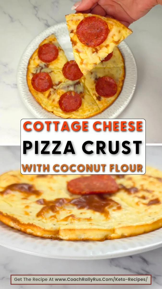 High Protein Low Carb Keto Cottage cheese pizza crust with coconut flour shown with pepperoni and melted cheese