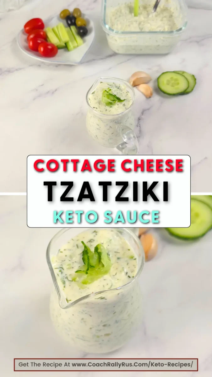 Cottage cheese tzatziki keto sauce with cucumbers, garlic, and olive platter