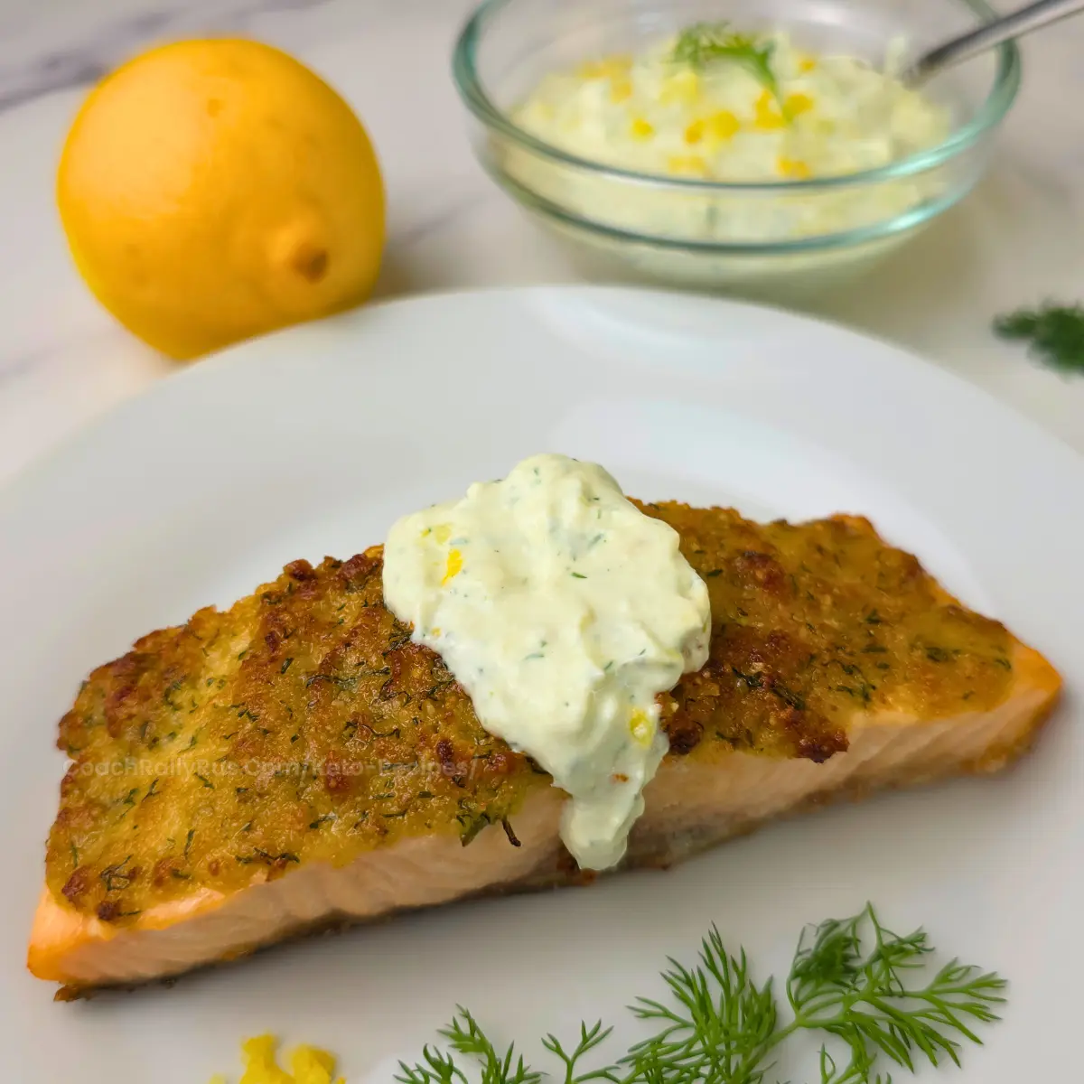 Sliced salmon with golden almond crust and sauce