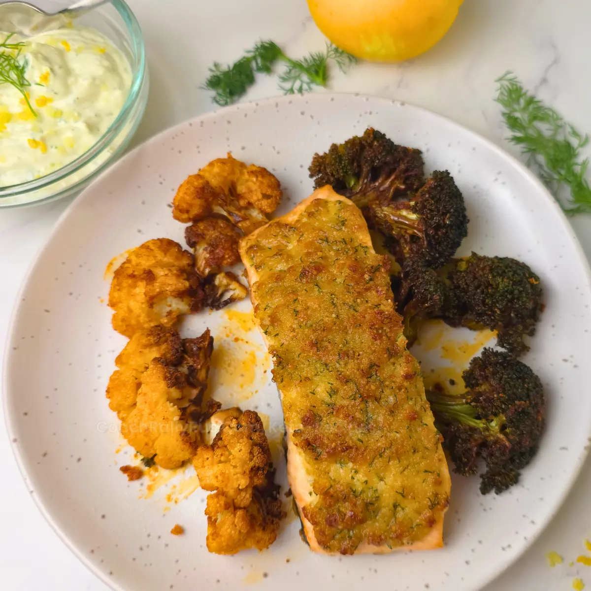 Parmesan crusted salmon with cauliflower and broccoli sides
