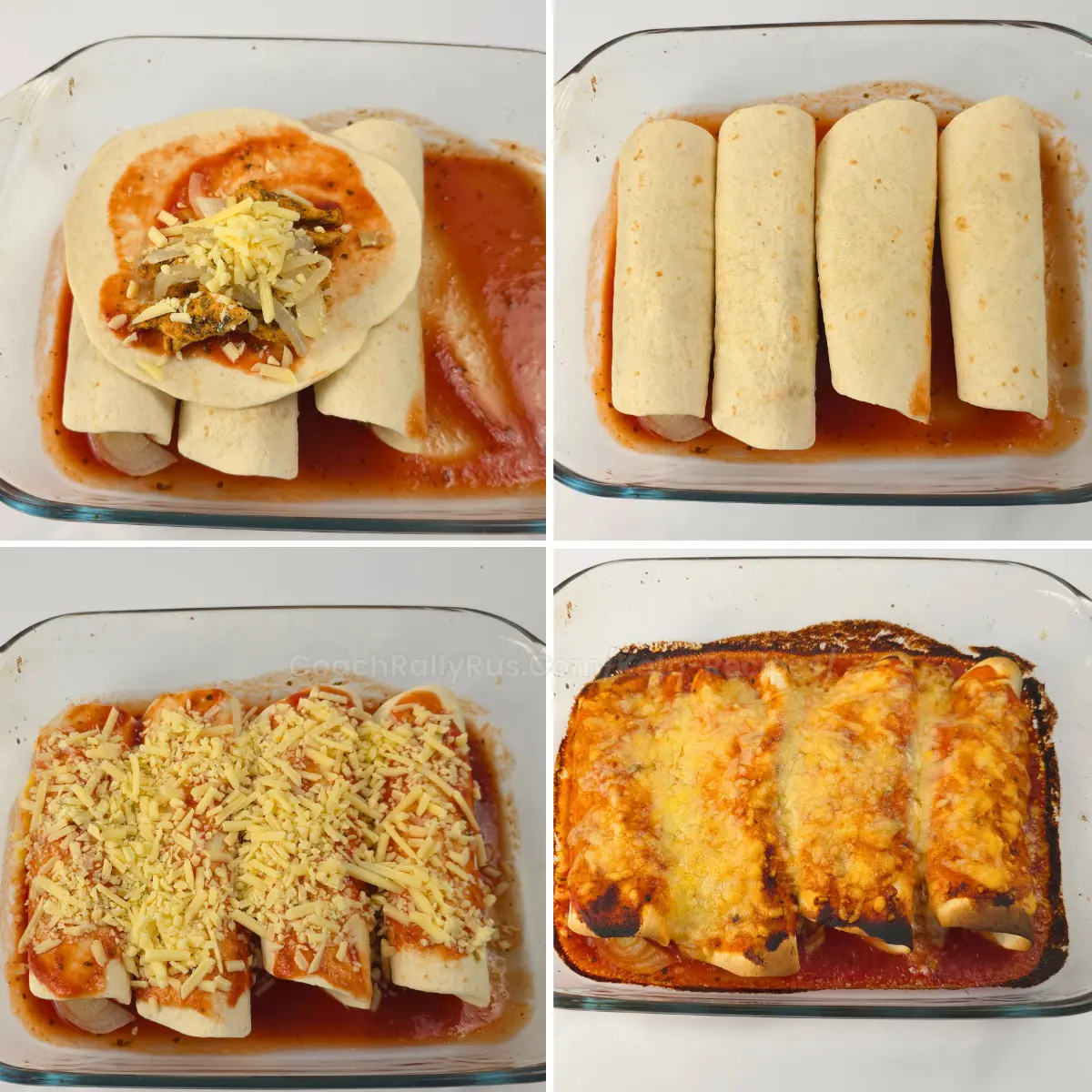 Keto chicken gyro enchiladas casserole step-by-step process in glass dish