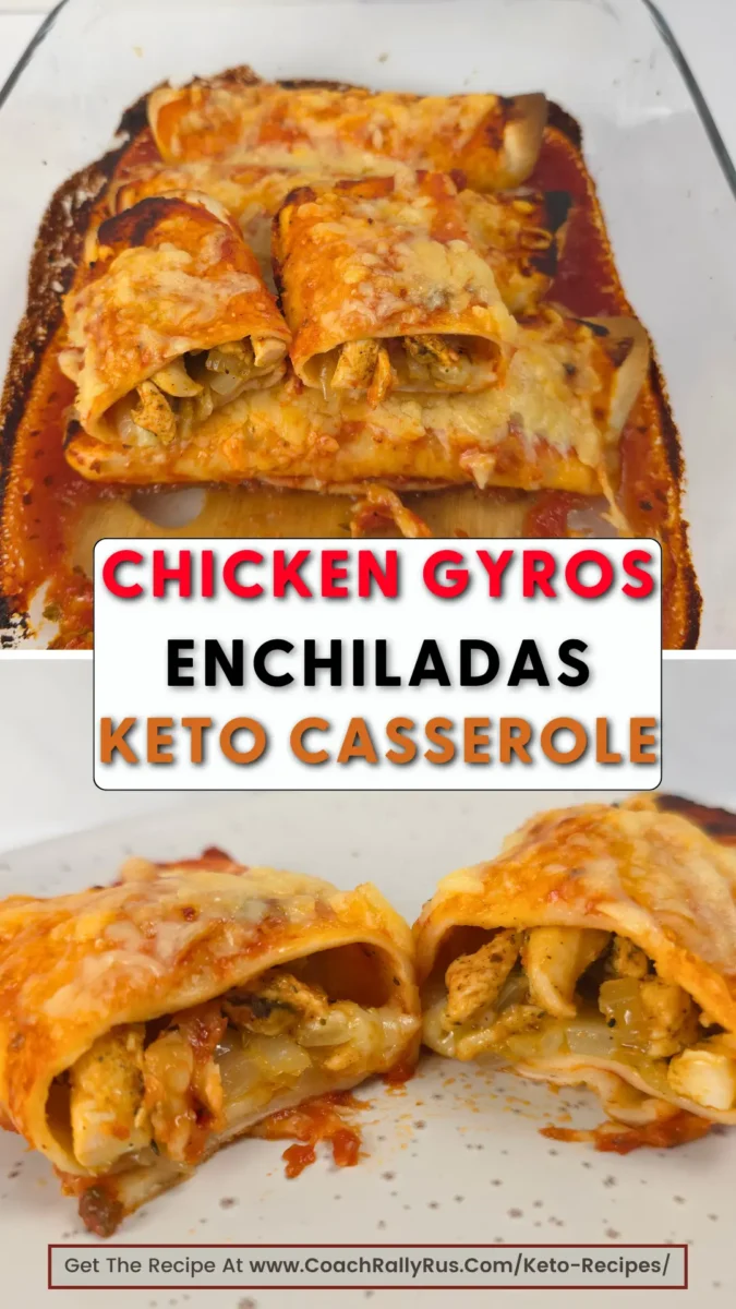 Keto chicken gyros enchiladas casserole with melted cheese in a glass dish