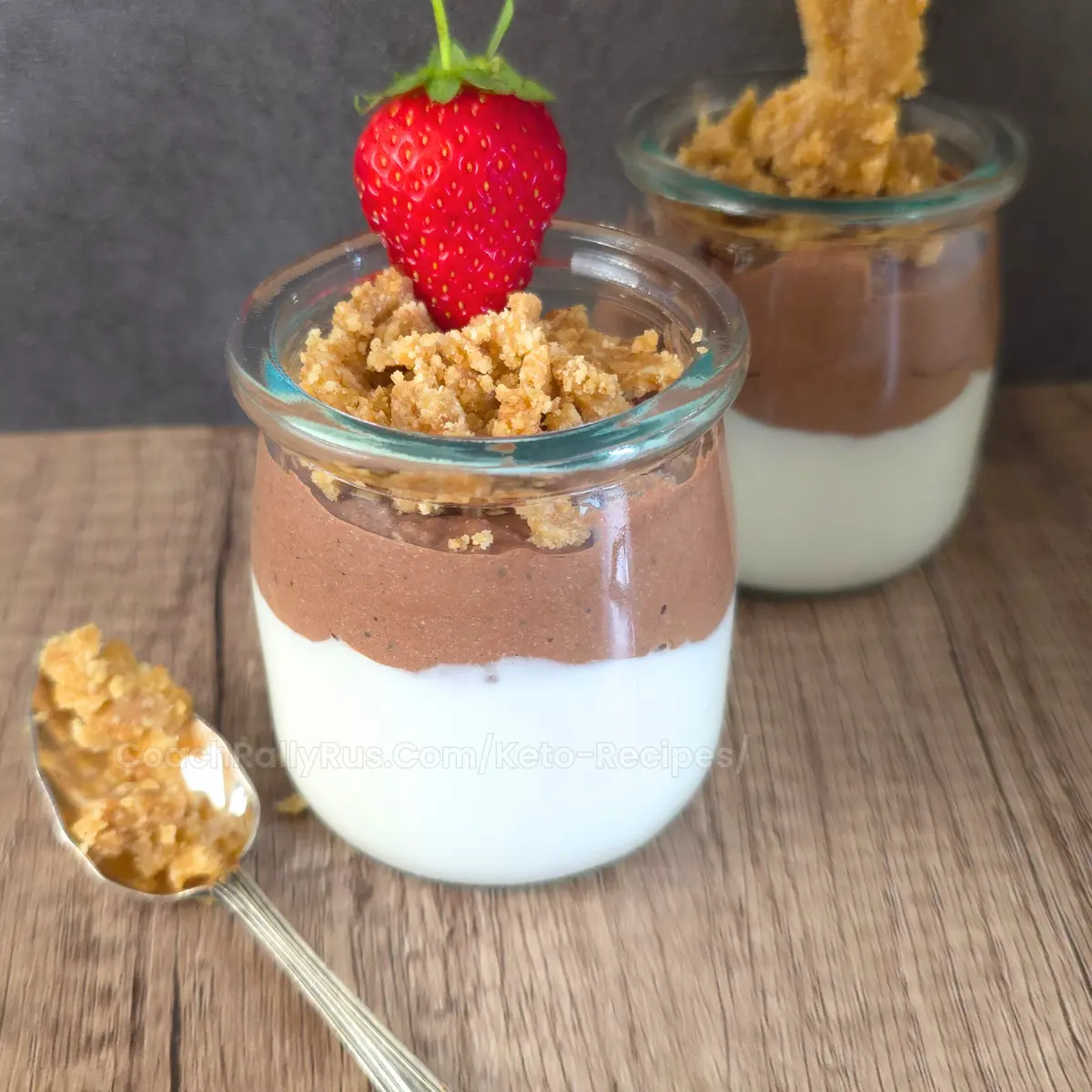 strawberry topped keto chocolate chia parfait