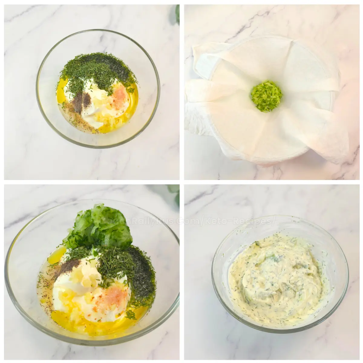 Step-by-step process of making sour cream tzatziki with grated cucumber