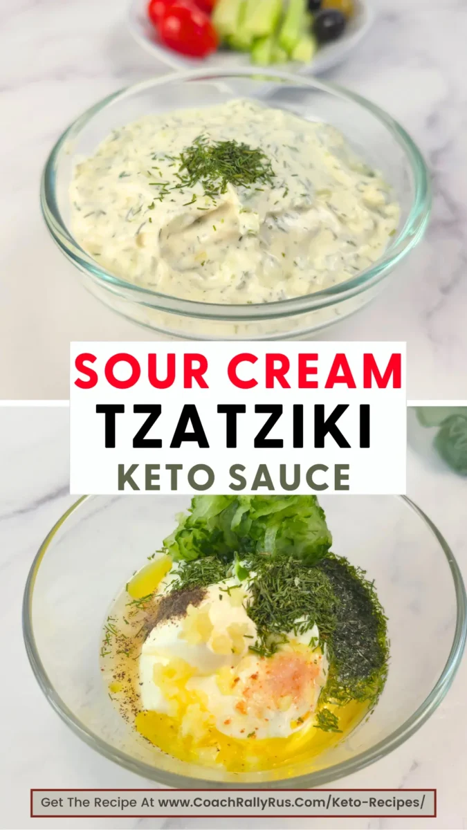Sour cream tzatziki keto sauce in a bowl with fresh ingredients and text overlay