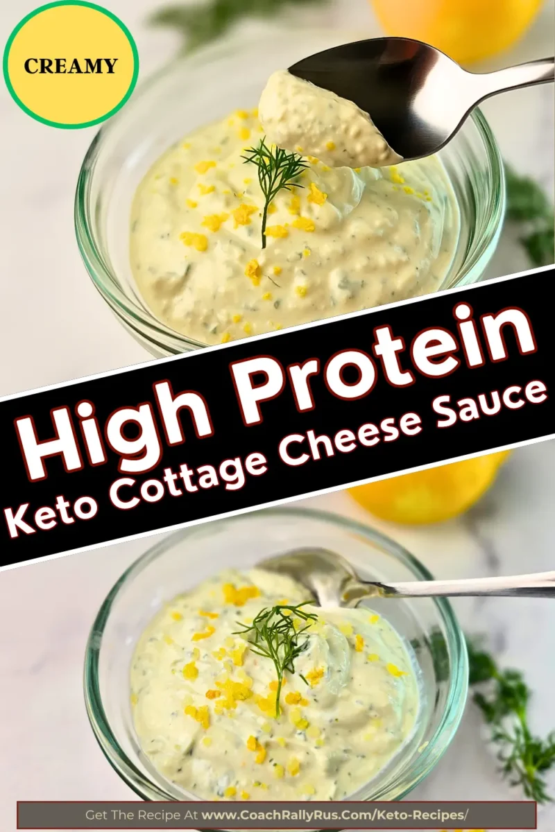 Spoonful of keto cottage cheese sauce lifted from bowl with lemon and dill garnish