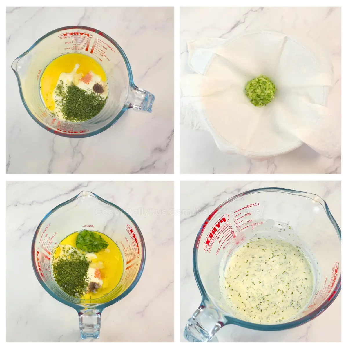 Step-by-step making keto tzatziki sauce in a measuring jug