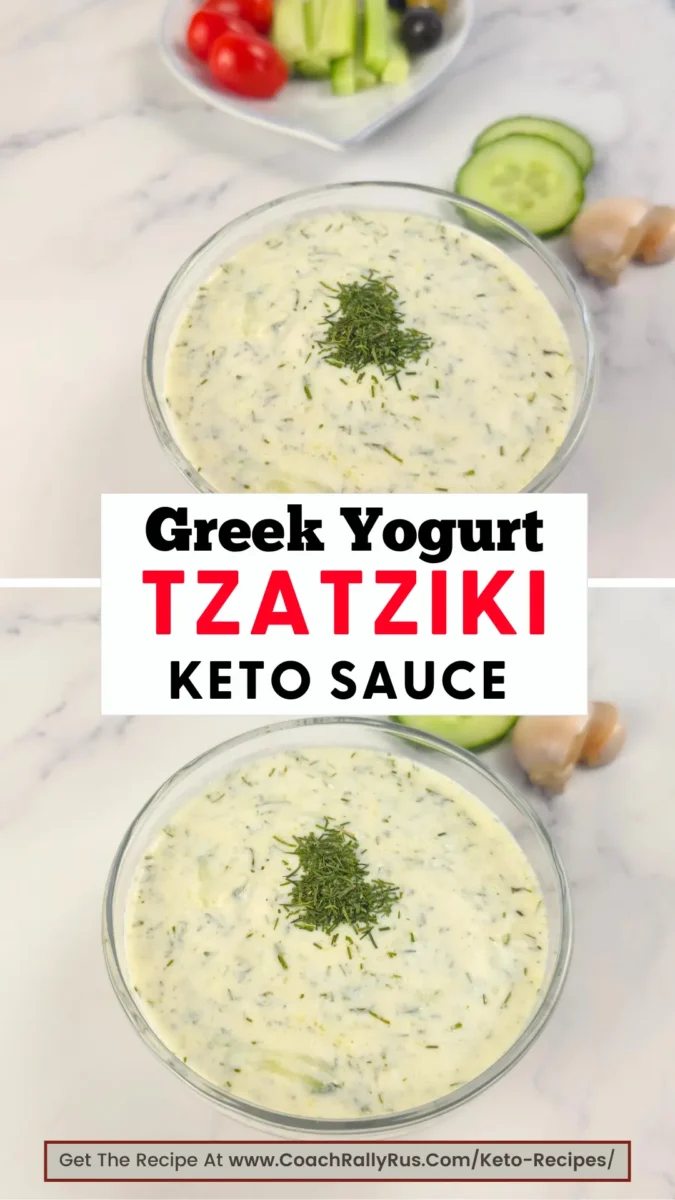 Greek yogurt tzatziki keto sauce with fresh herbs in a glass bowl, served with crisp cucumber, garlic, and tomatoes.
