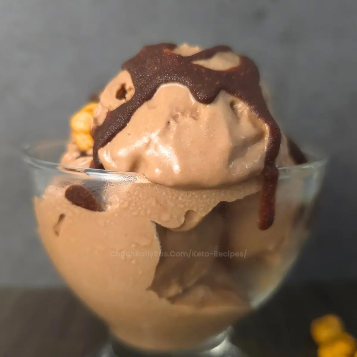 Keto chocolate ice cream drizzled with Nutella in a dessert glass.