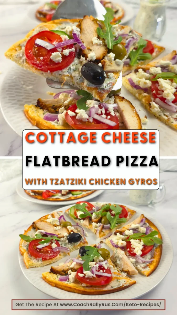 Cottage cheese flatbread pizza with tzatziki chicken gyros toppings