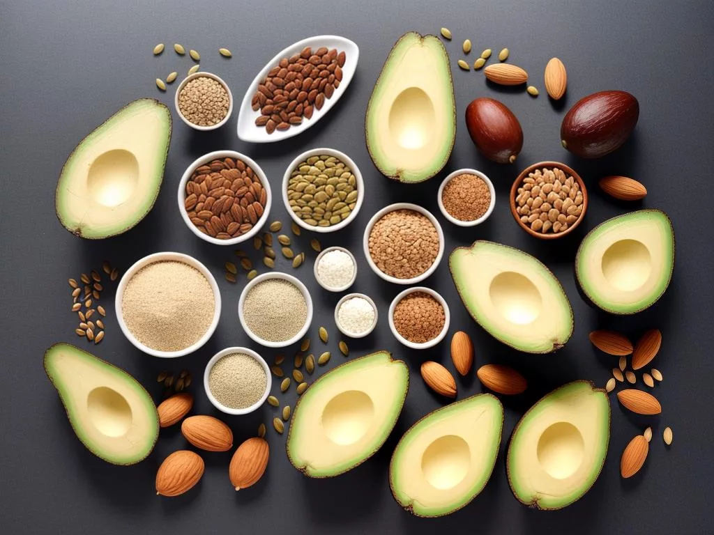 Image depicting a person following the keto diet, showcasing healthy fats like avocado, nuts, seeds, and fatty fish.