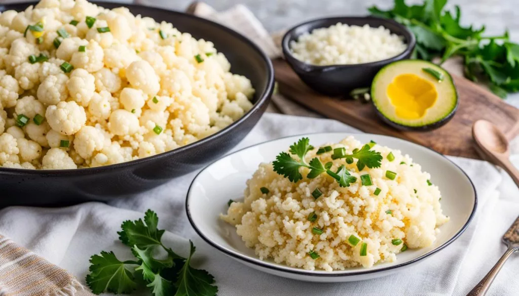 A photo of a plate of cauliflower rice, showcasing the versatility and keto-friendliness of cauliflower as a substitute for grains.