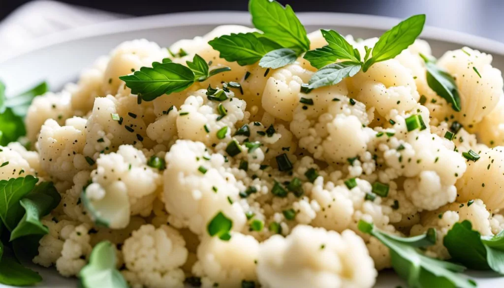 A plate of cooked cauliflower rice with herbs and seasoning.
